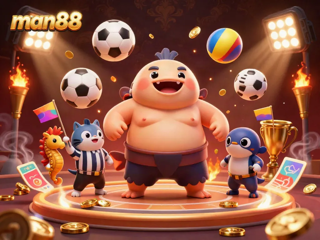 Engage in thrilling gaming with Man88, featuring vibrant characters and dynamic sports elements in a lively casino setting.