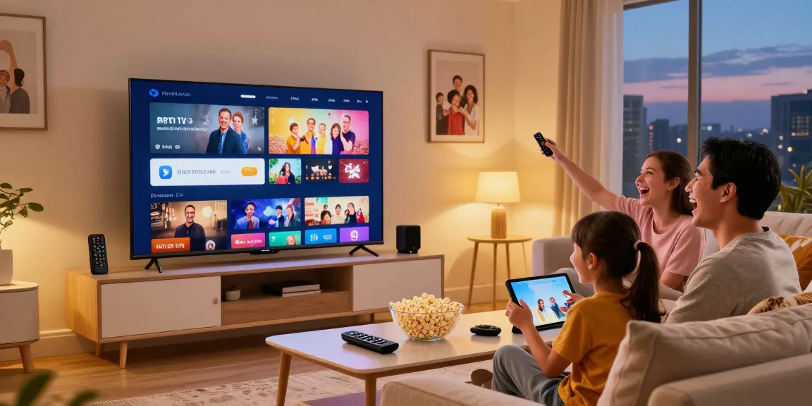 Experiência em IPTV com família assistindo filmes na sala de estar.