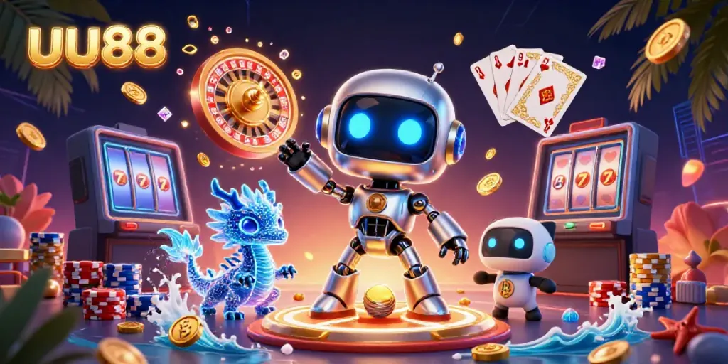 Engage with uu88: A vibrant scene featuring a cyberpunk robot, dragon, and drone in a lively casino setting.