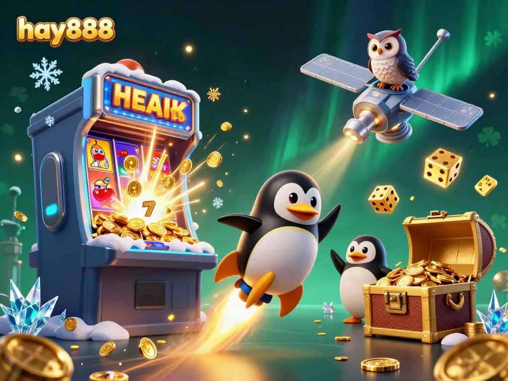 Experience the excitement of hay888 with a golden penguin and casino space station in 3D action!