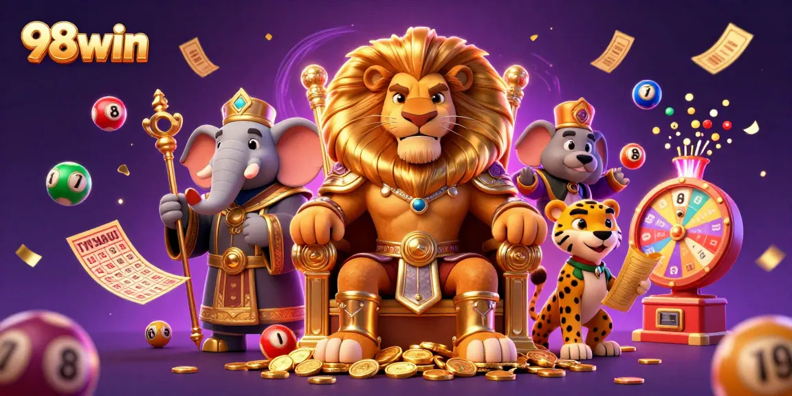 Experience thrilling lottery wins with 98win's mesmerizing gaming illustration, showcasing dynamic action.