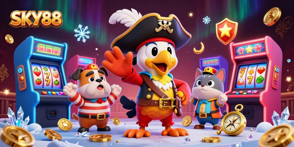 Experience thrilling gaming action with SKY88 in a vibrant pirate-themed 3D illustration.
