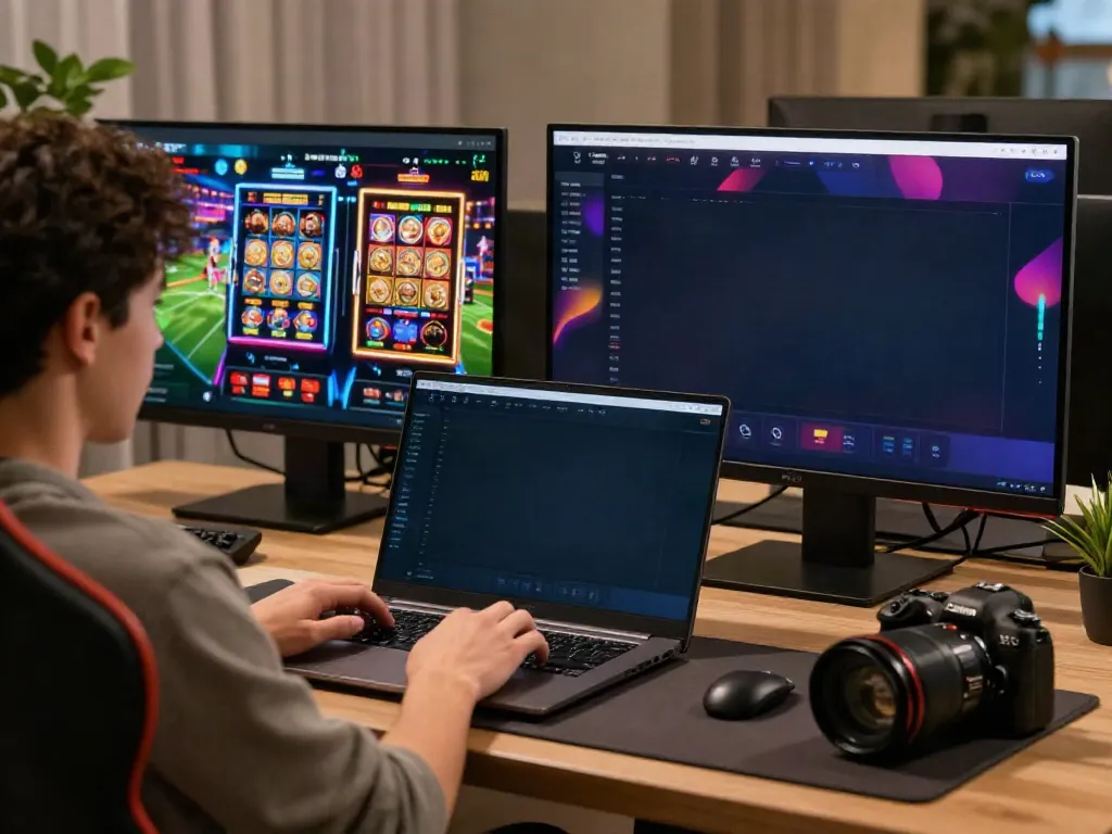 Engaged user exploring sky88 online gaming platform on laptop.