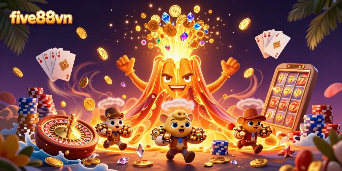 Exciting five88vn online casino scene with a golden volcanic eruption of treasures and dynamic gaming elements.