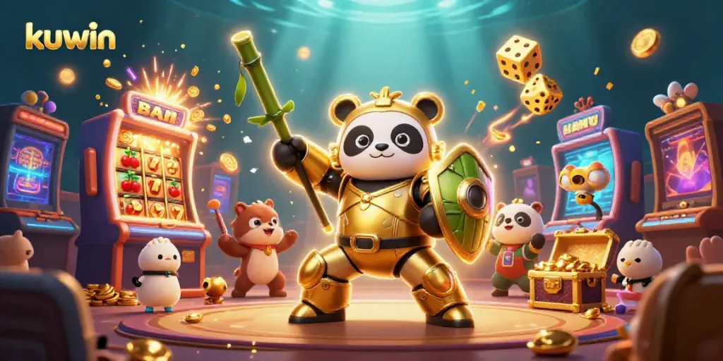 Kuwin casino's lively 3D scene with a golden panda in mech-suit amidst slot machine excitement.