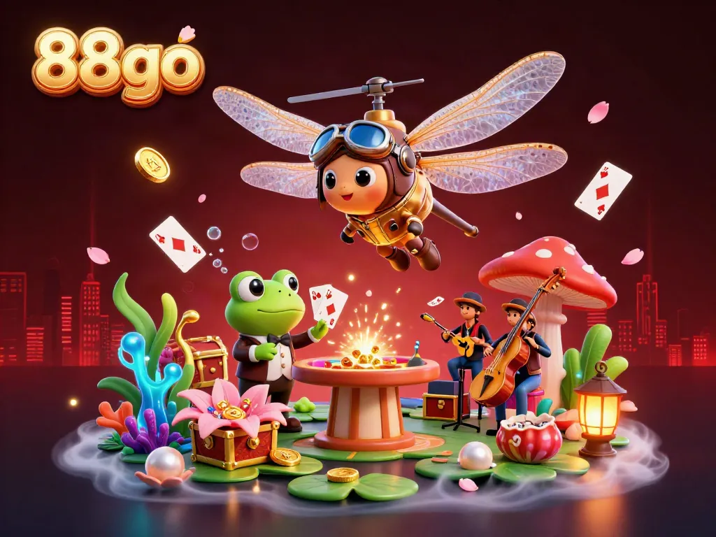 Experience the excitement at 88go's lily pad casino with a vibrant scene featuring a frog croupier and jazz-playing crickets.