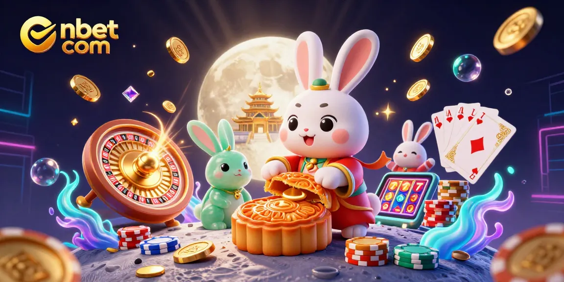 Engage with nbet com as the moon rabbit reveals poker chips from mooncakes in an enchanting casino scene.