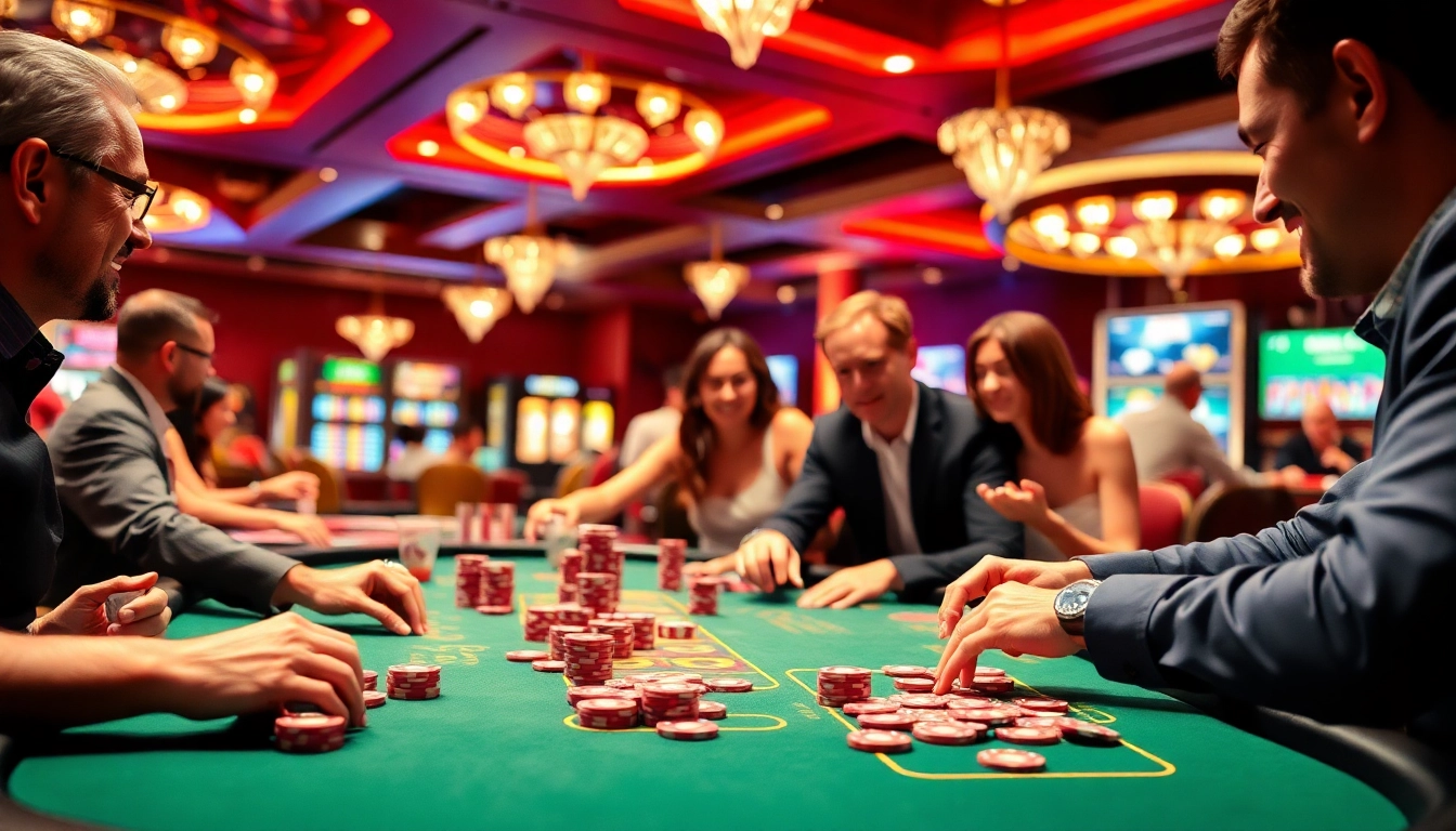 Vibrant scene of casino en ligne fiable with colorful chips and cards engaging players.