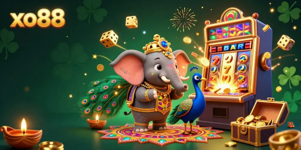 Experience the thrill of xo88 with a vibrant jackpot scene featuring a colorful elephant and peacock amidst a burst of casino elements.