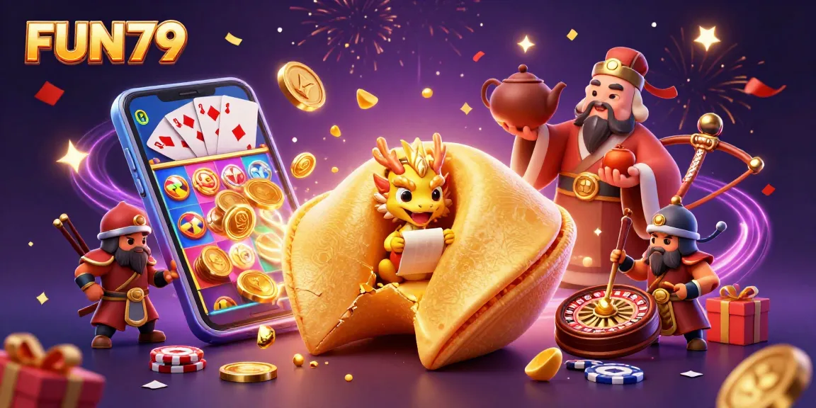 Win big at FUN79 with a mesmerizing 3D scene showcasing fortune cookies, fortune dragons, and dynamic gaming elements.