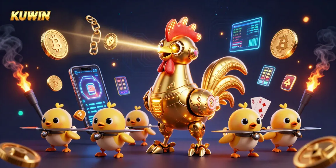 Experience the dynamic casino world with KUWIN, featuring vibrant 3D elements and robot characters.