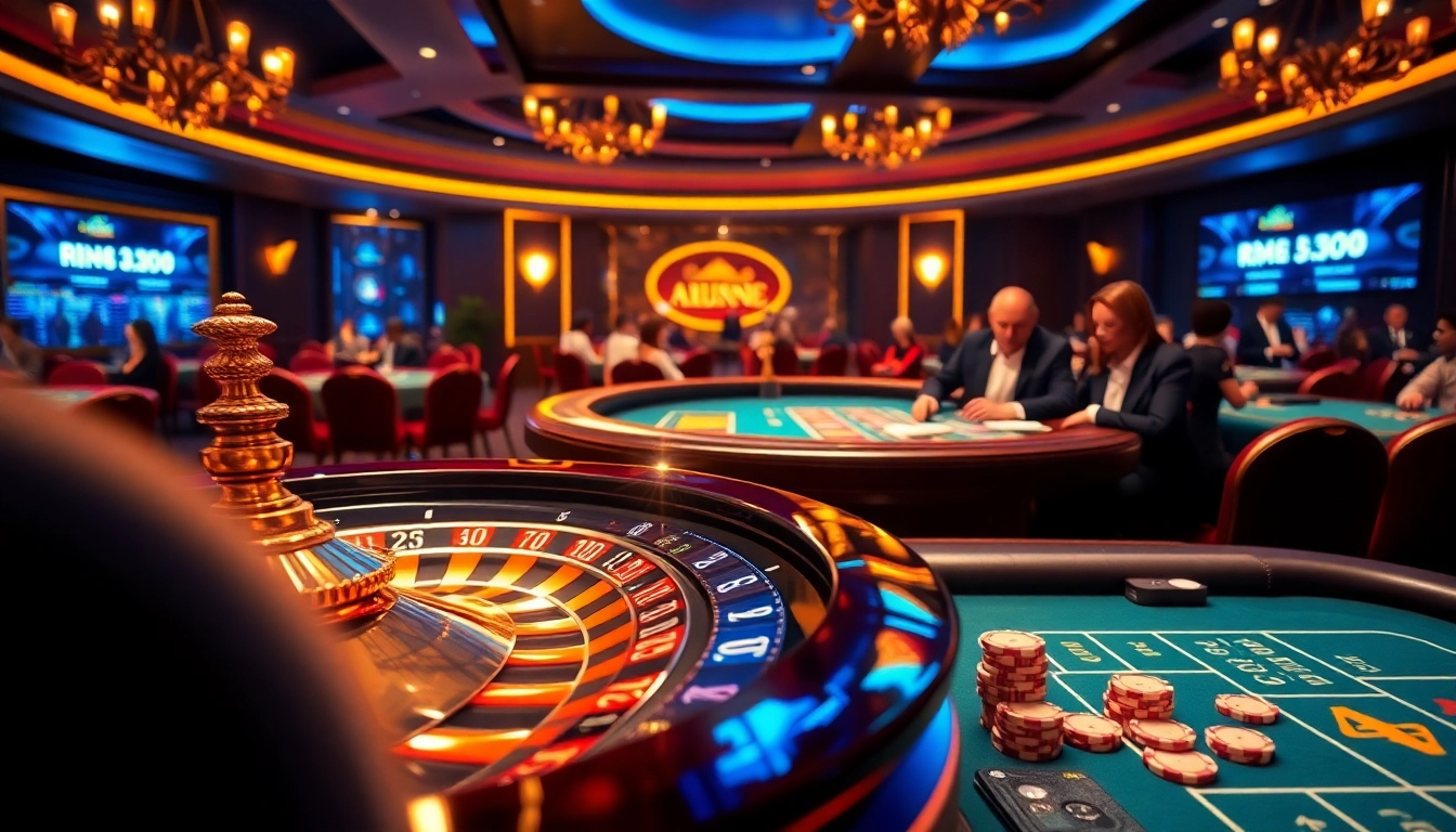 RR88 casino scene featuring dynamic players at a roulette table and vibrant poker chips in action.