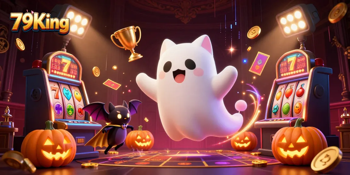 Engage in thrilling gaming experiences at 79King with vibrant slot reels and ghostly characters.