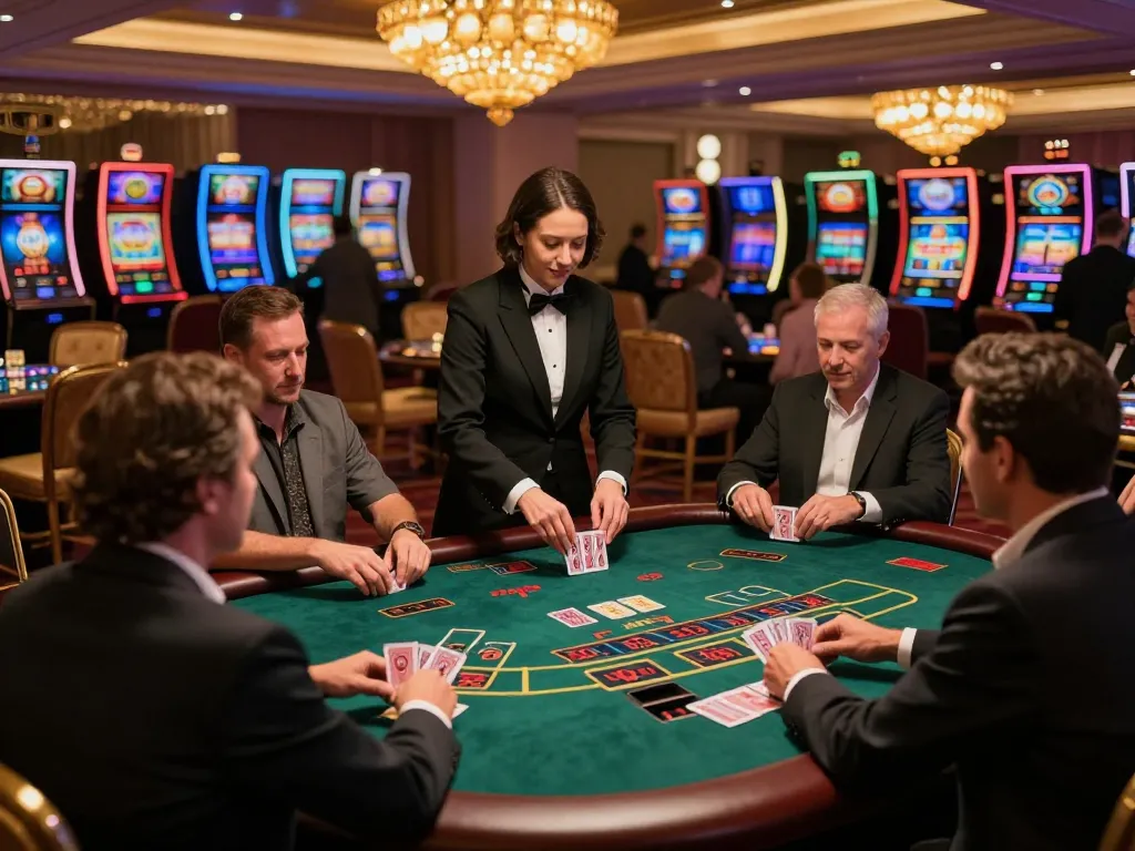 Sunwin players engaged in a thrilling blackjack game at a lively casino, showcasing excitement and strategy.