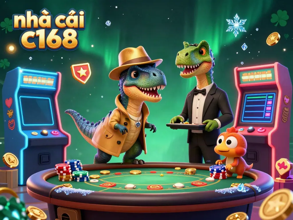 Experience the action at nhà cái c168 with a vibrant casino scene featuring a velociraptor card counter.
