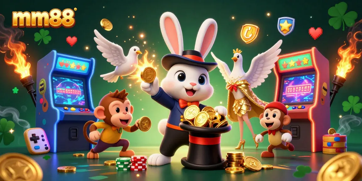 Experience thrilling wins with mm88 as a magician rabbit conjures golden coins in a vibrant casino scene.
