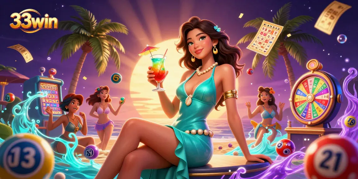 33win gaming illustration featuring vibrant lottery balls and a prize wheel in a stunning beach setting.