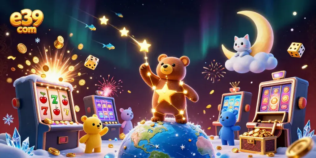 Win big at e39 com with vibrant casino elements and 3D cartoon characters.