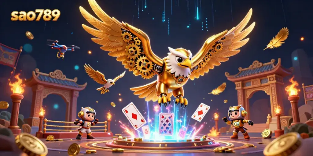 Sparkling action featuring a golden eagle soaring among playing cards, representing sao789 gaming excitement.