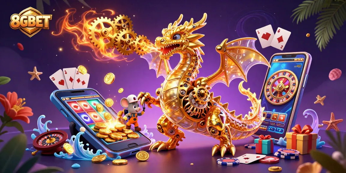 Experience thrilling gaming action with 8GBET's vibrant fantasy scene featuring a golden dragon and exciting casino elements.