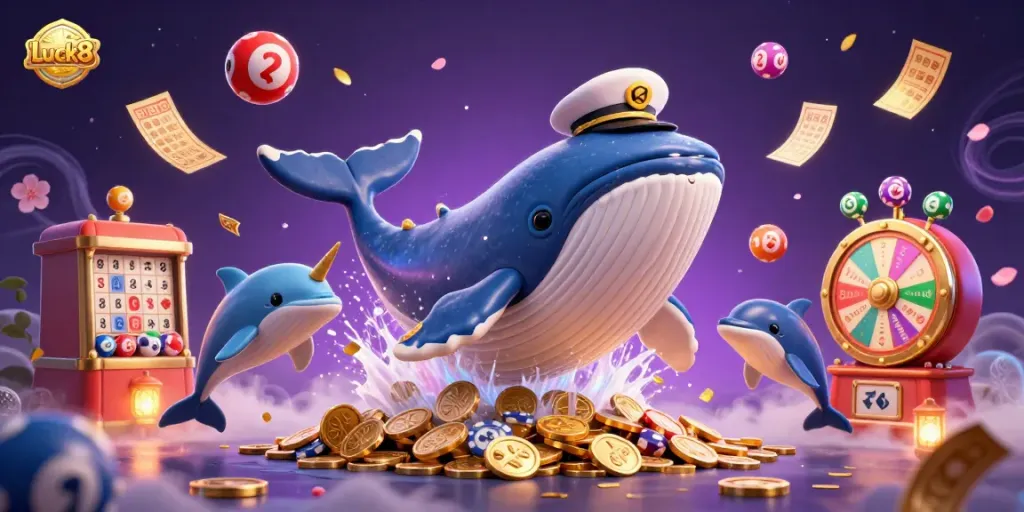 Experience the thrill of Luck8 with playful dolphins and a cartoon whale in a vibrant casino scene of winning games.