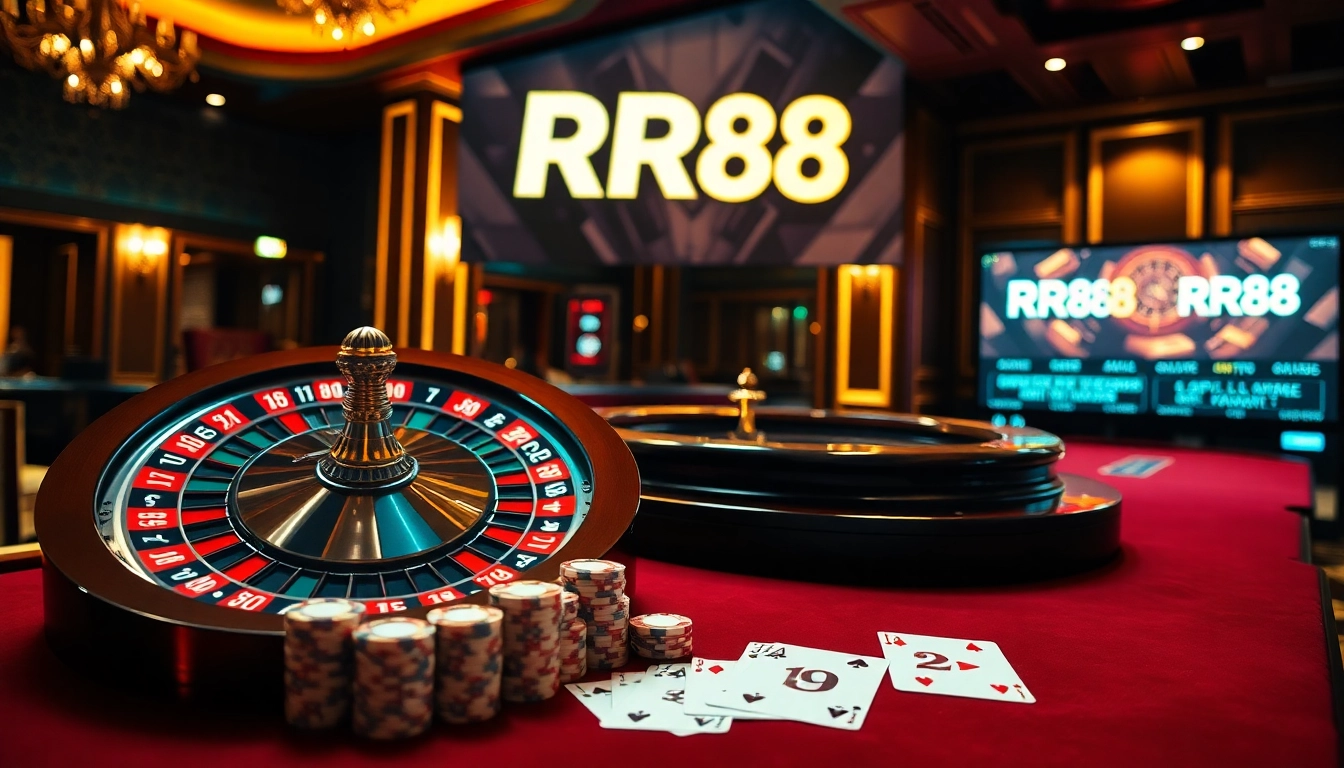 RR88 showcases a vibrant casino scene with roulette, poker chips, and a luxurious atmosphere.