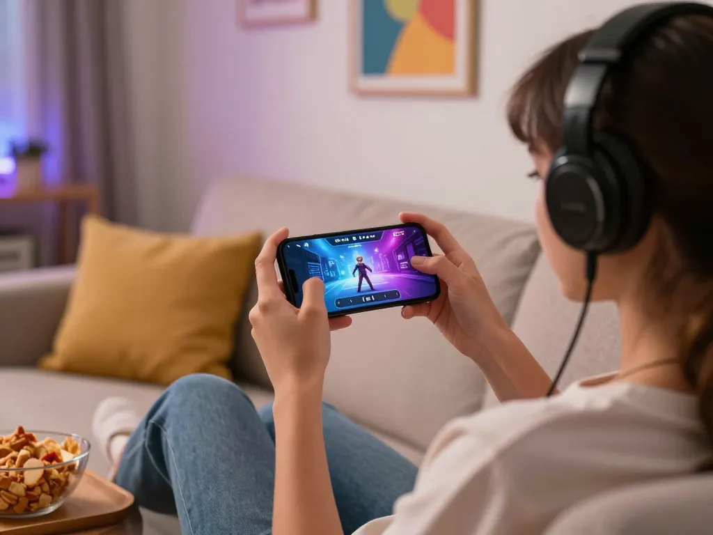 Immersive mobile porn game experience in a cozy living room setting.