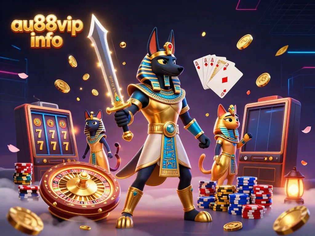 Engage in dynamic gameplay at au88vip info with Anubis and Bastet surrounded by casino elements.