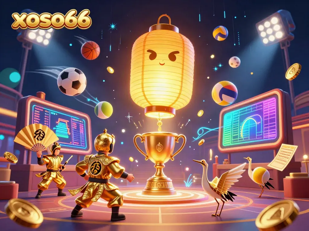 The xoso66 platform showcases a vibrant night market casino with a golden lantern spirit, sports elements, and dynamic energy.