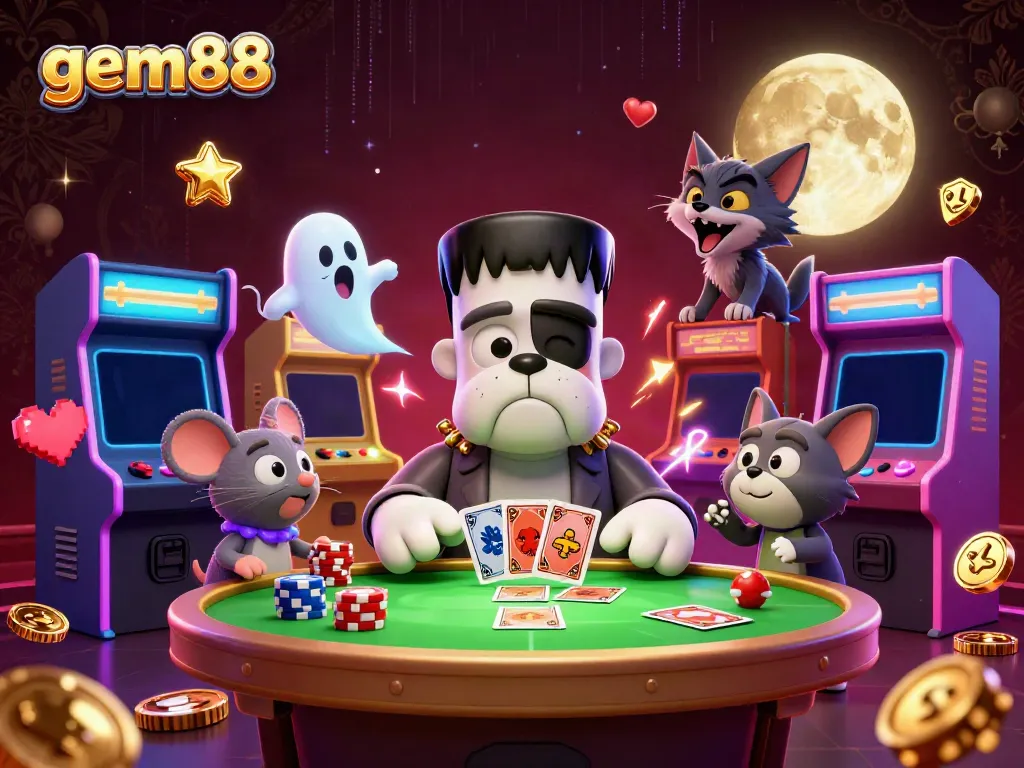 Engage with gem88's 3D cartoon casino scene featuring unique characters and vibrant gaming elements.