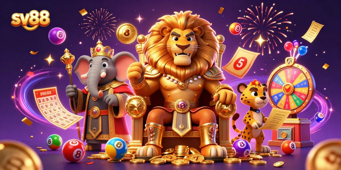 Experience the thrill of sv88 with this vibrant casino-themed illustration depicting a lion king and vibrant game elements.