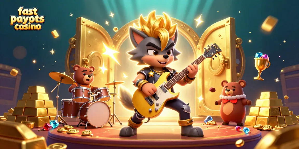 Experience the excitement of a fast payouts casino with a rock star wolf shredding on stage!