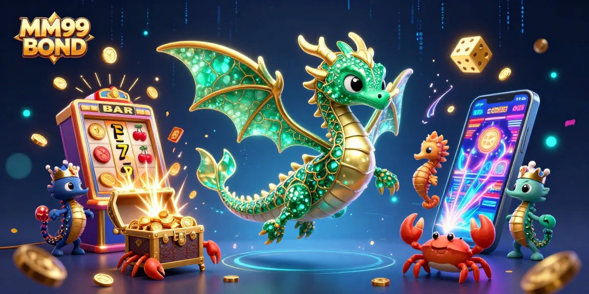 Engage with MM99 BOND gaming excitement featuring a vibrant 3D illustration of a sea dragon and jackpot actions.