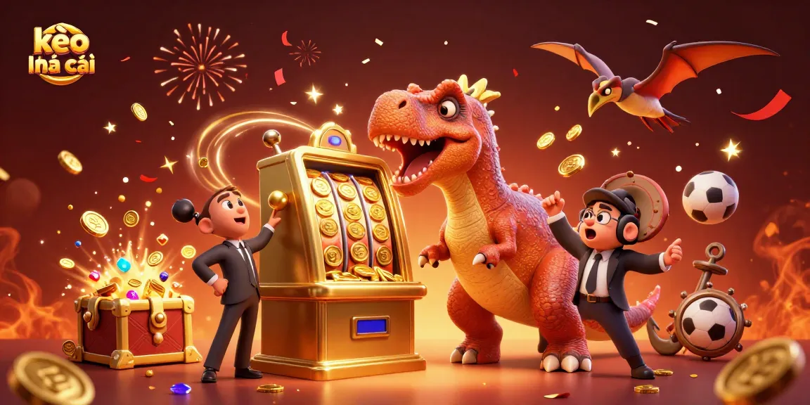 Engage with kèo nhà cái as a cartoon pachycephalosaurus wins coins from a golden slot machine, amid vibrant gambling elements.