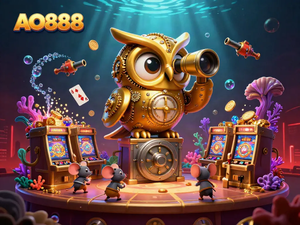 Engage with AO888 at a vibrant casino featuring a golden owl, wind-up mice, and underwater treasures.