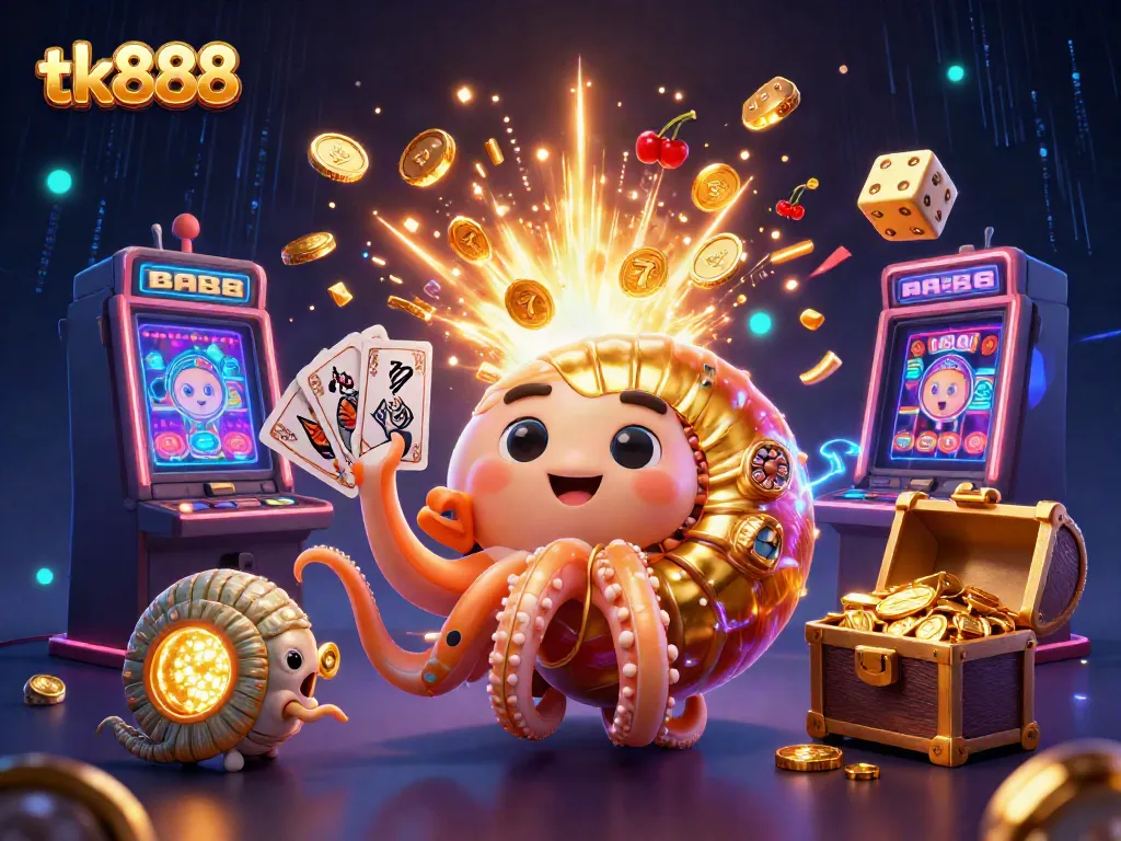 Experience thrilling gameplay at tk888 with a stunning 3D illustration of a golden nautilus, cards, and a jackpot slot machine.