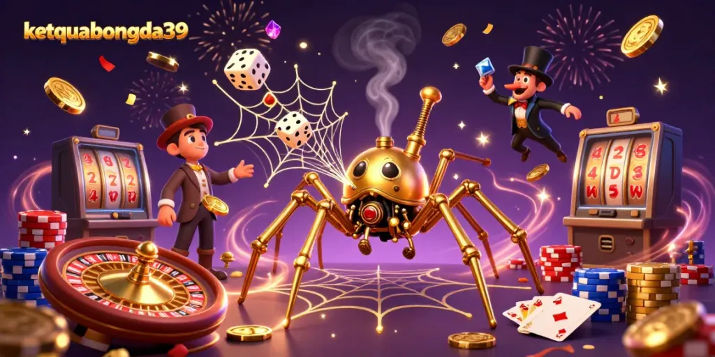 Catch golden coins and poker chip nodes in the magical web of ketquabongda39's steampunk spider.