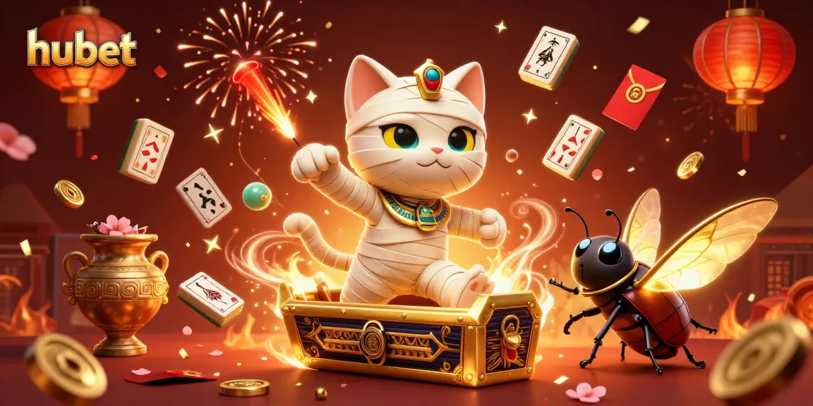 Experience gaming thrills with hubet in an ultra-detailed casino scene featuring a mummy cat.
