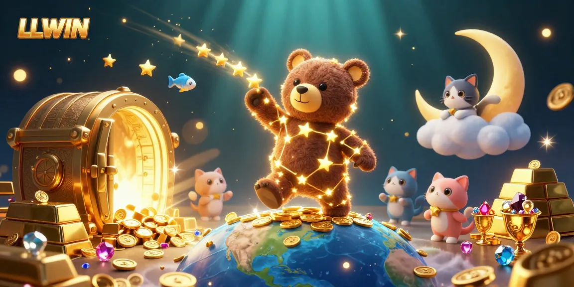 LLWIN constellation bear scoops up coins amidst vibrant casino treasures and elements.