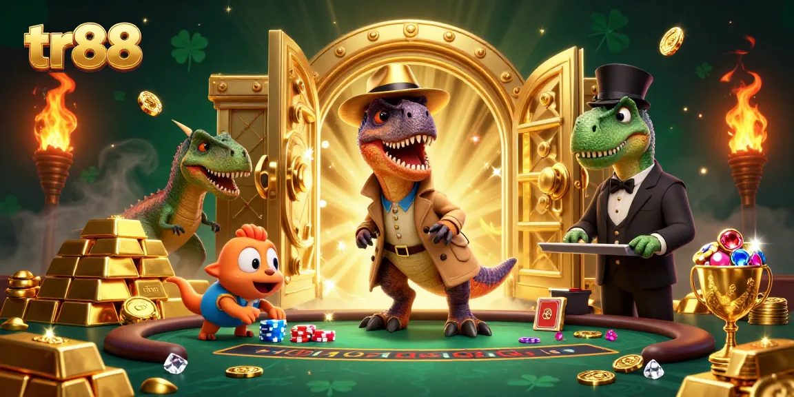 Watch the tr88 velociraptor card counter at the blackjack table while treasures burst around in this animated casino scene.