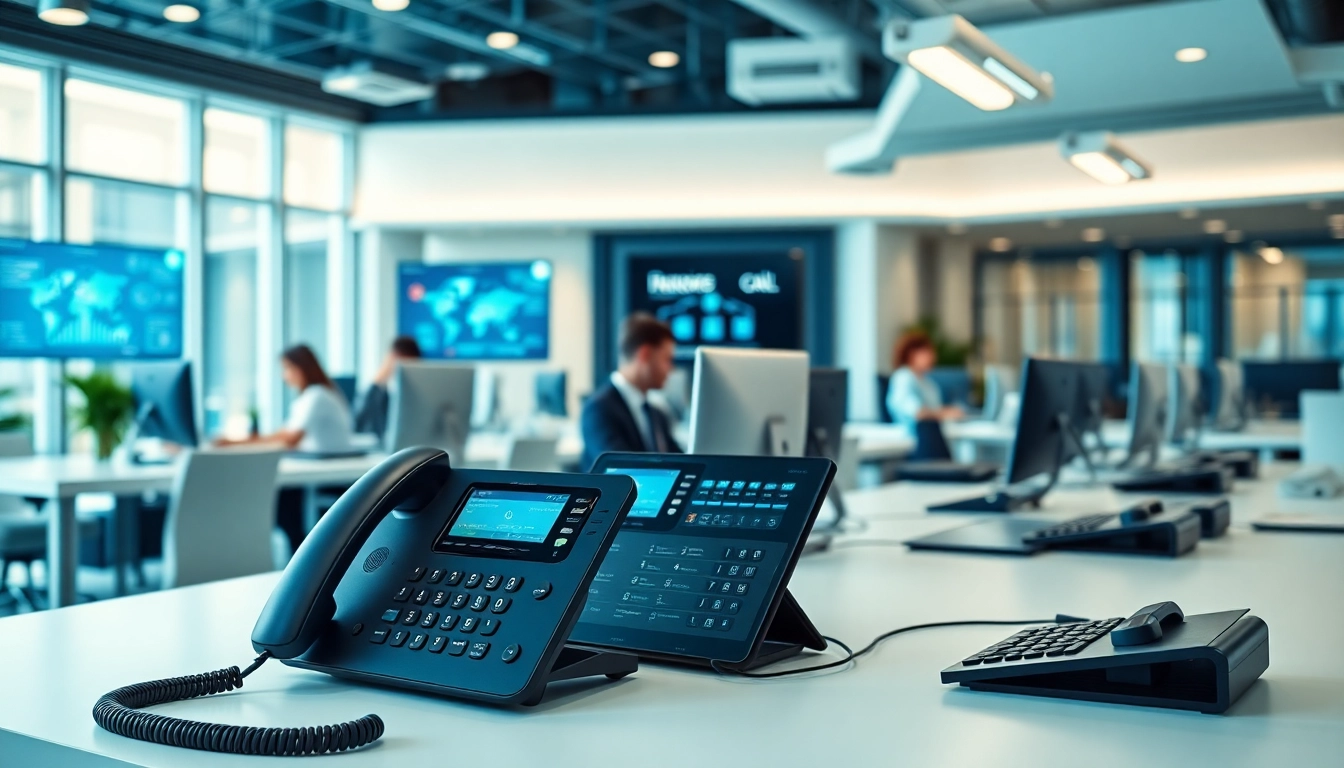 Showcase business phone systems in a modern office setup with sleek equipment and engaged employees.