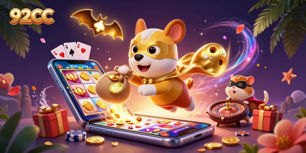 Engage in gaming thrills with 92CC as the superhero dog soars over colorful slot games and poker chips.