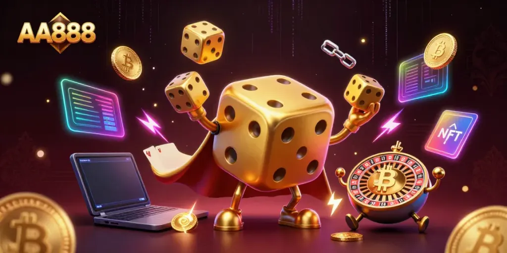 Watch AA888, the lively dice golem character, juggling golden dice in a vibrant casino setting.