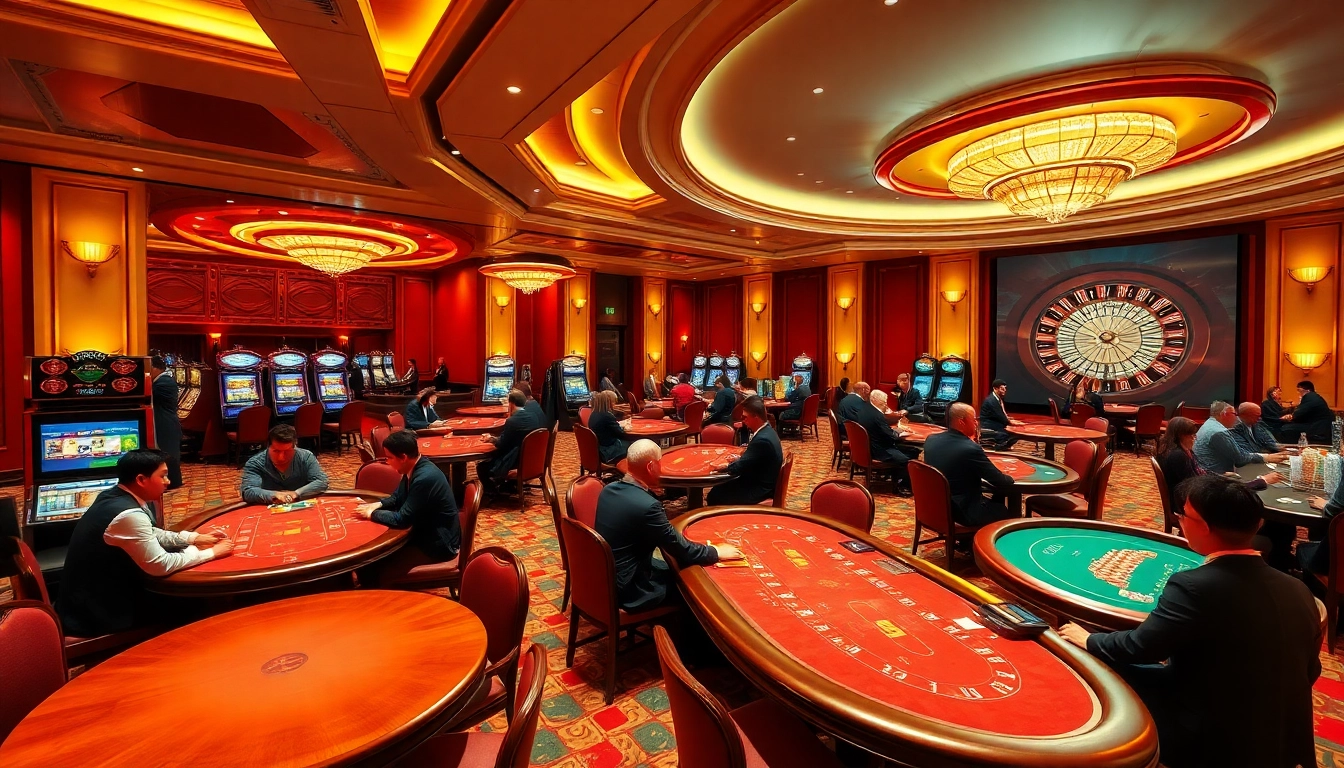 Experience the vibrant gaming atmosphere at gg88.ltd with luxurious tables and excited players.