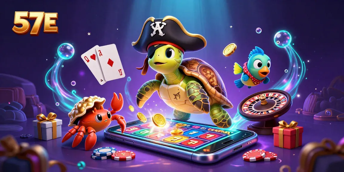 Experience the excitement of 57E with a vibrant 3D scene featuring a pirate turtle, hermit crab, and parrotfish amidst golden treasures and slot games.
