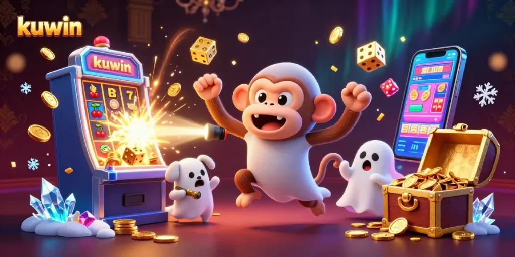 Kuwin's engaging casino scene featuring a mischievous monkey juggling gold and a curious puppy illuminating treasures.