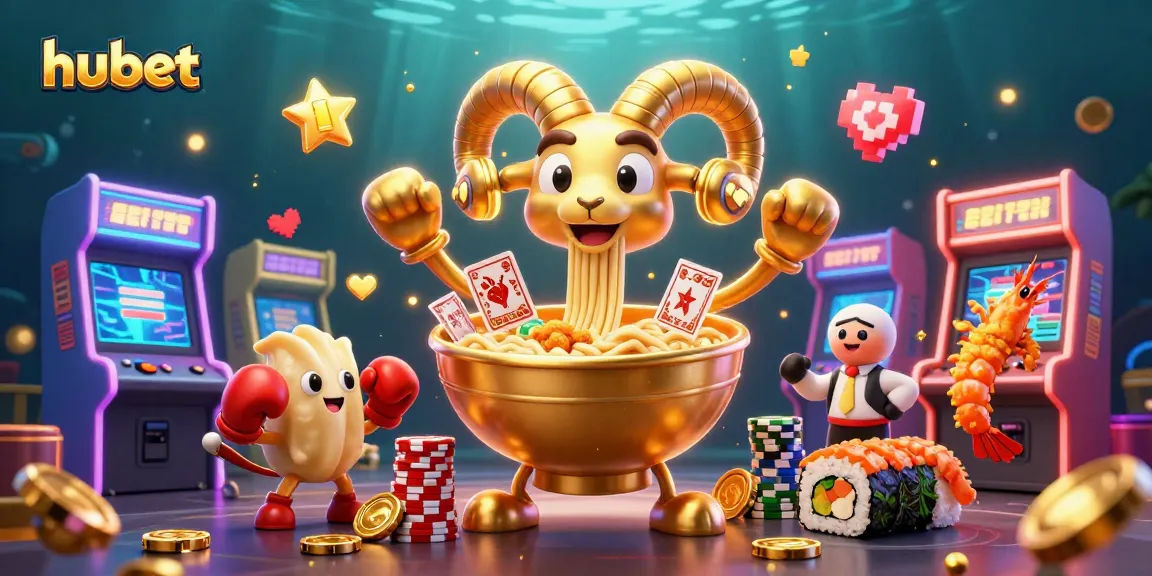 Hubet's vibrant casino fun featuring a golden ramen bowl character engaging in card games and cheerful cheerleaders.