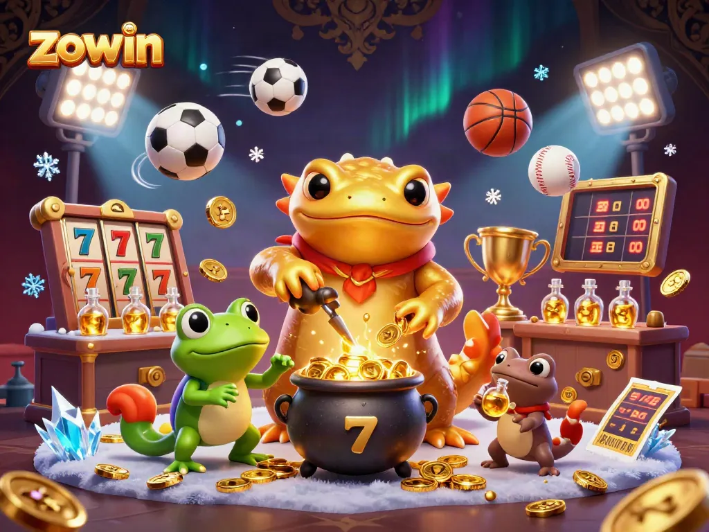 Zowin delights players with a 3D cartoon scene of alchemists transforming coins, illustrating thrilling casino experiences.