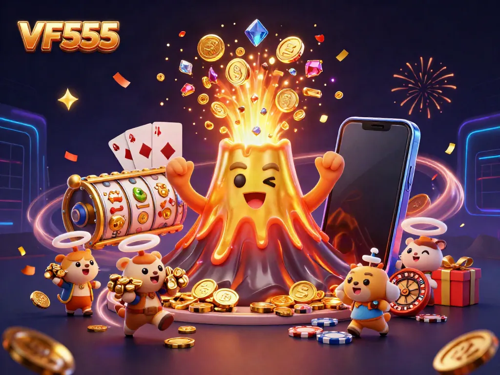 Engage with exciting VF555 action as the golden volcano erupts treasure in an entertaining casino scene.