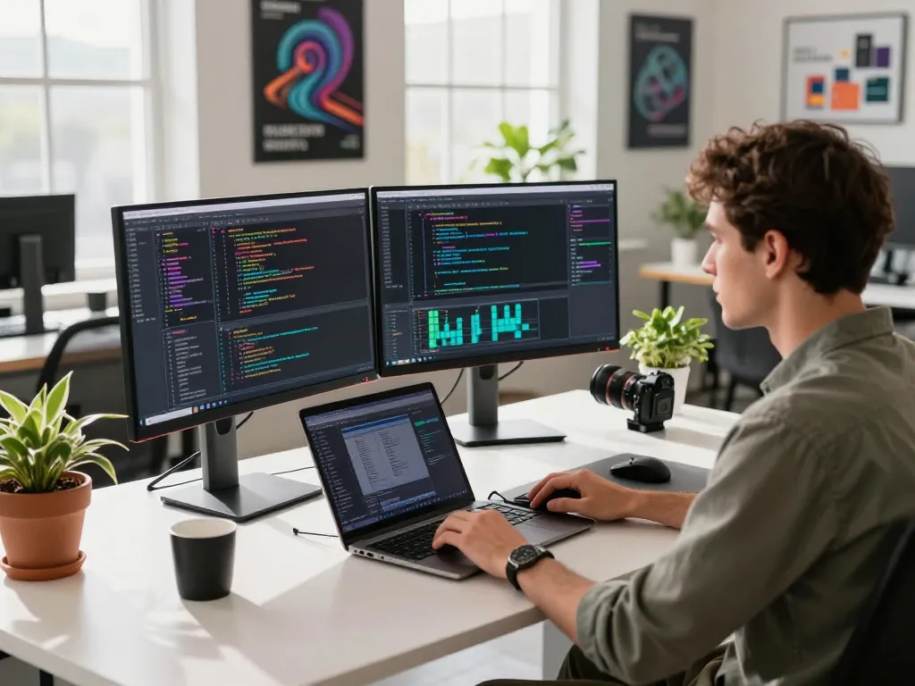 Software developer at a modern desk using hbet tools in a bright workspace.